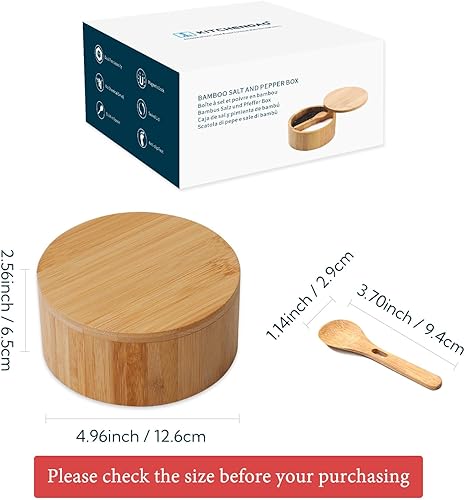Miniatura 6 de KITCHENDAO Caja de bambú para sal y pimienta, recipiente dividido, cuchara de servir integrada para evitar el polvo, tapa giratoria para mantenerse