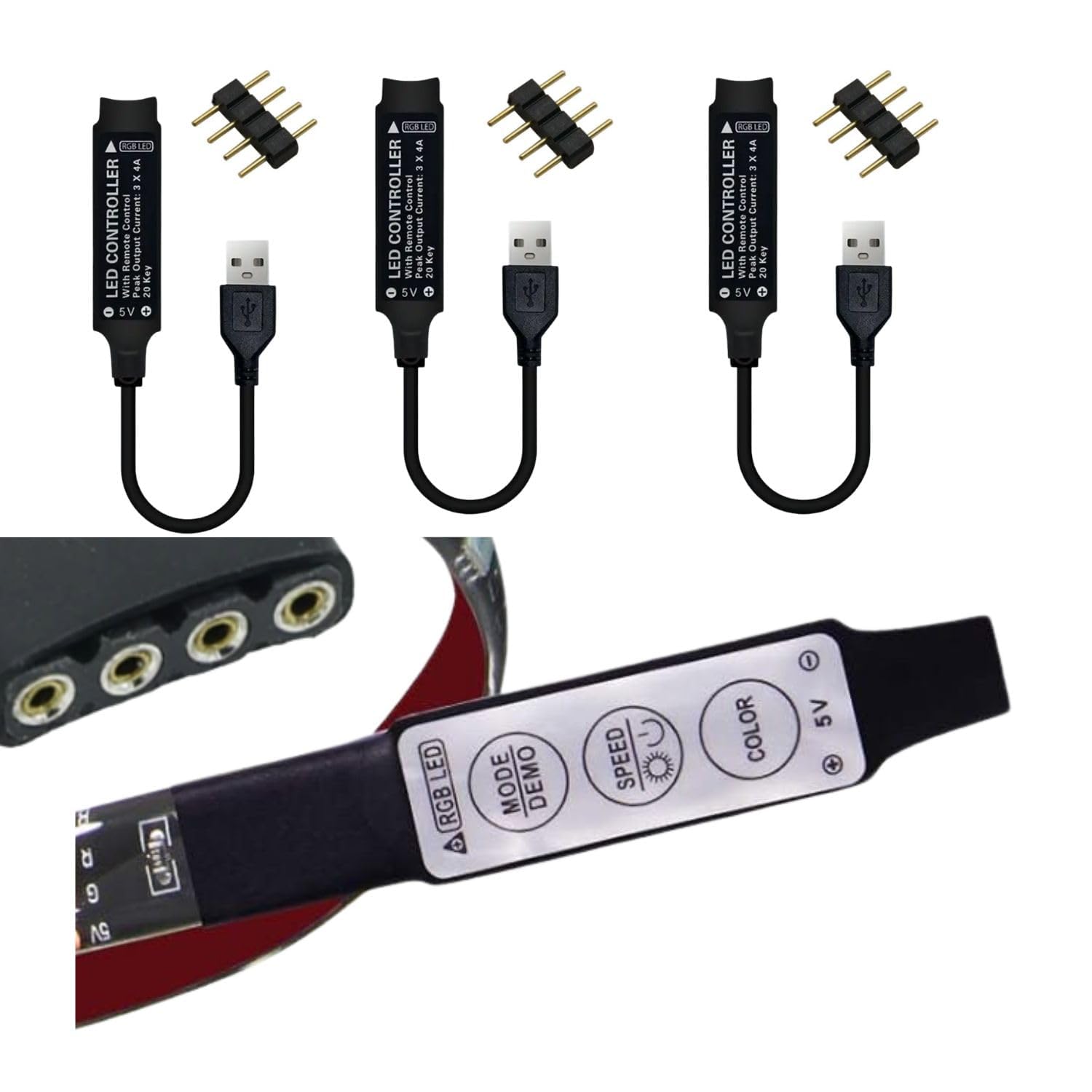 3 Button RGB LED Controller Pack of 3, USB Powered 5V Inline Controller with Mode Demo Speed Brightness Colour Control, Includes 3 Extra 4 Pin RGB Connectors for LED Strip DIY Projects-image-42