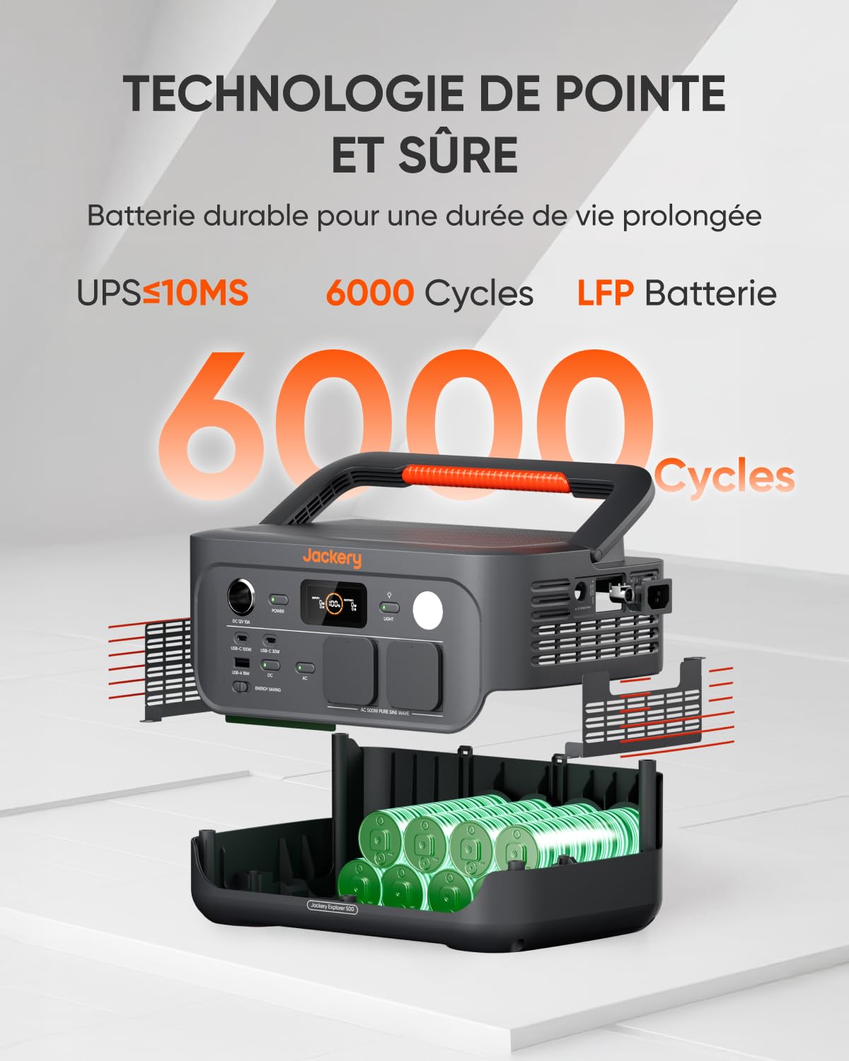 Jackery Explorer 500v2 Station Électrique Portable, 512Wh/500W Batterie LFP (Max 1000W), UPS≤10ms, 2 CA & 2 PD USB-C, Charge Complète en 1.3h, Générateur Solaire pour Camping, Camping-car et Urgence