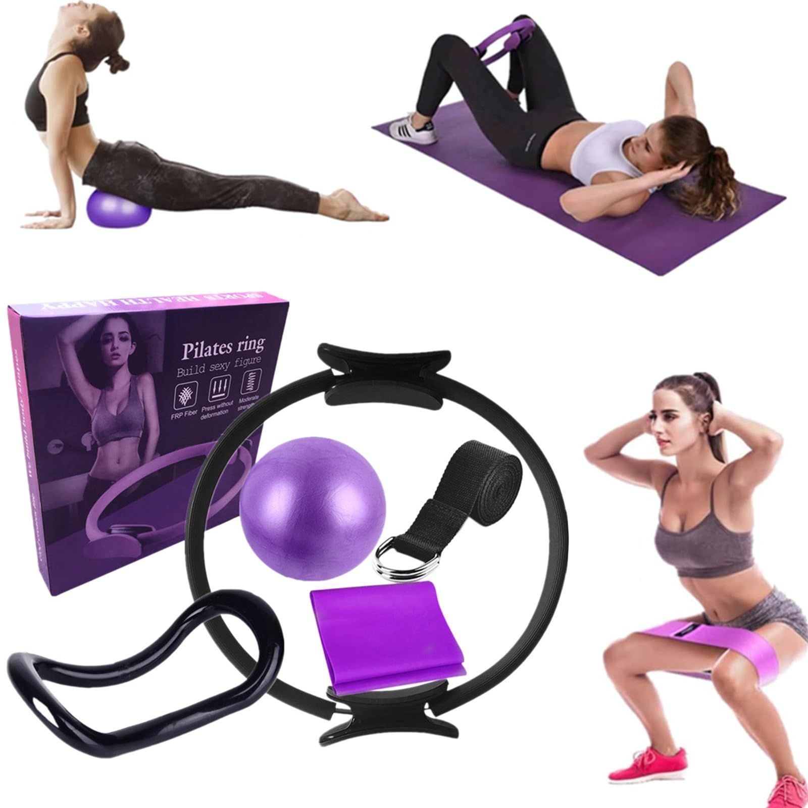 Ensemble Pilates Yoga 6 Pièces — Kit Maison, Accessoires Pilates, Bande de Résistance, Anneaux pour Jambes, Bras et Cuisses (Noir)