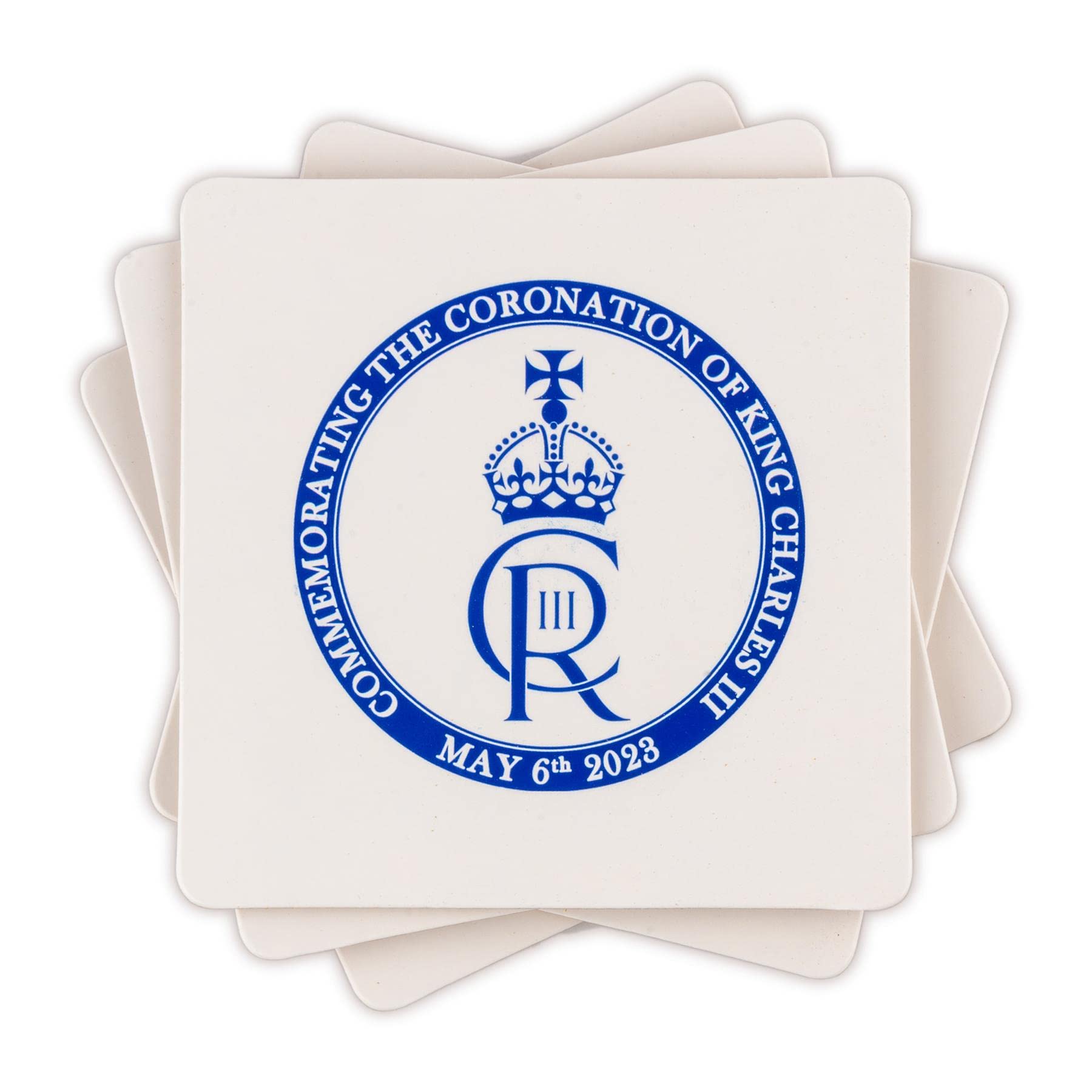 SHATCHI 4Pcs Coasters Set King Charles III Portrait Memorabilia King's Coronation Coffee Tea Cup Holder Commemorative Souvenirs Gift His Majesty, White, 10 x 10 cm