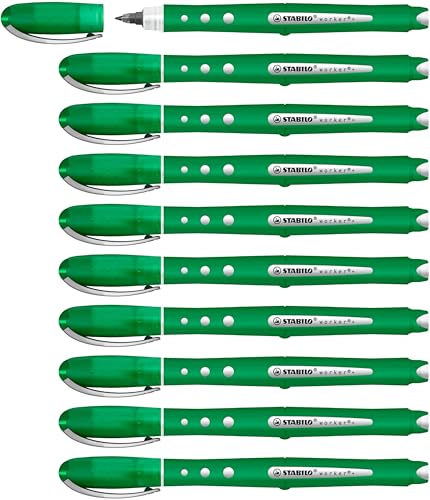 STABILO Worker+ Tintenroller – 4er Pack (grün, Rot, Blau, Schwarz), Strichstärke Medium – Ergonomisch, Rutschfest, Mit Tintenstandsanzeige