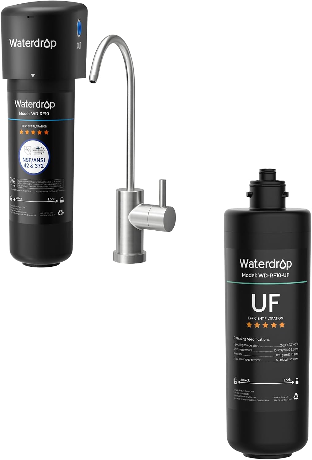 Waterdrop 10UB Under Sink Water Filter and Waterdrop RF10-UF 0.01 Micron Replacement Filter Cartridge for 10UA/10UA-UF/10UB/10UB-UF Under Sink Water Filter