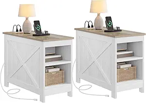 DWVO Farmhouse End Table with Charging Station, Narrow Side Table for Living Room, Rustic Wood Sofa Side Table with Storage Cabinet, Small Nightstand for Bedroom, 2pcs