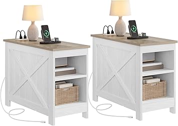 DWVO Farmhouse End Table with Charging Station, Narrow Side Table for Living Room, Rustic Wood Sofa Side Table with Storage Cabinet, Small Nightstand for Bedroom, 2pcs