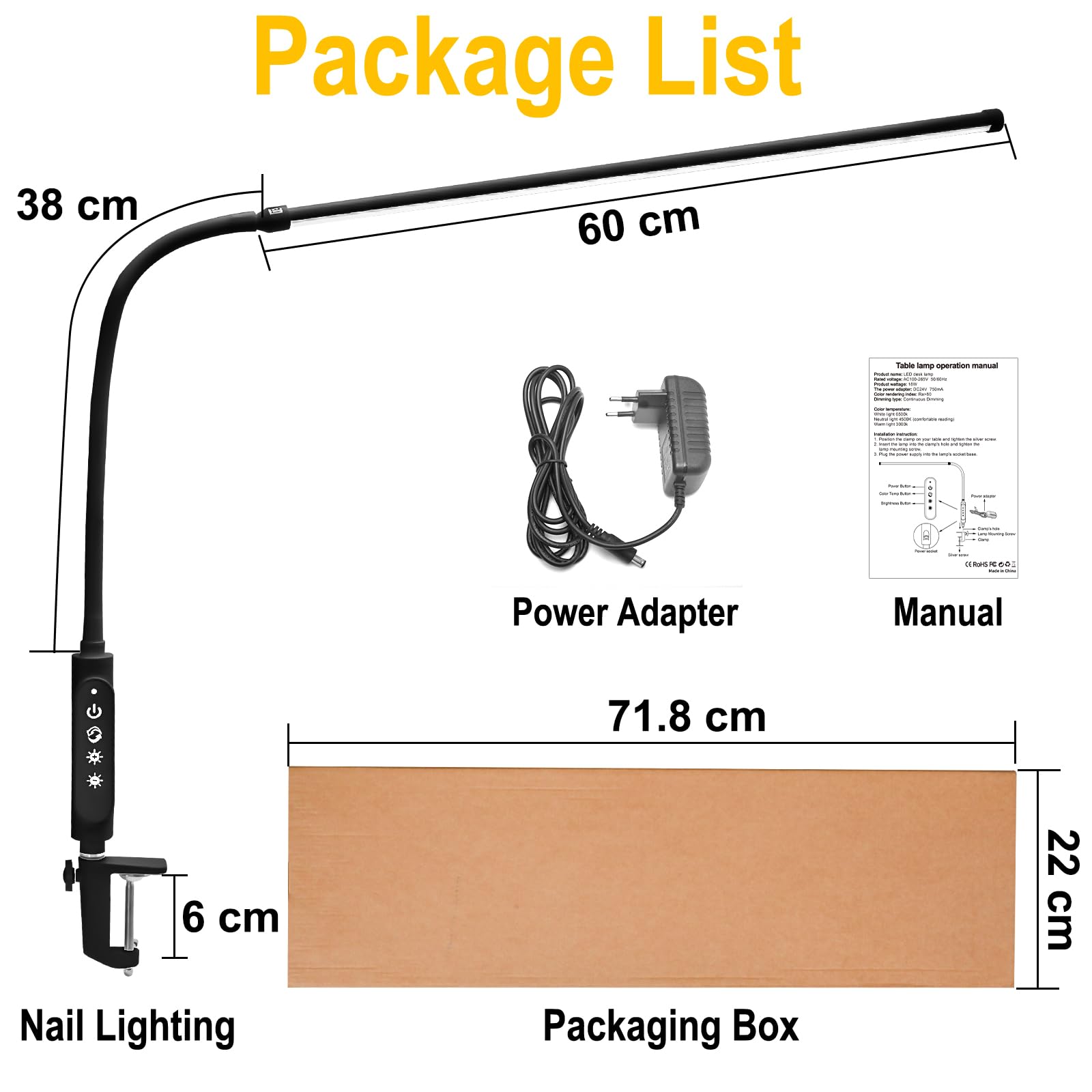 CGBE Extra-lange 60 cm Nageltischlampe LED Dimmbare Klemmlampe für Maniküre | 360° Verstellbare Tischlampe für Nagel mit 3 Farbmodi und 5 Helligkeiten - Touch Steuerung - für Tattoo Basteln - Schwarz
