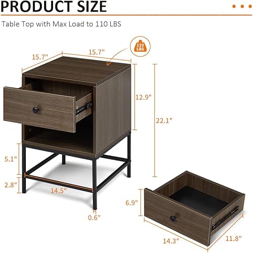 Miniatura 3 de HLXZN Mesita de noche, mesa auxiliar con cajón, muebles de noche con marco de acero, mesa auxiliar para dormitorio, fácil montaje, marrón rústico