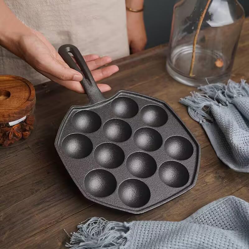 VONOTO Cast Iron Takoyaki Pan, Takoyaki Grill Pan, Takoyaki Maker Skillet, Octopus Meat Ball Mold Maker (12 Holes Iron Handle)