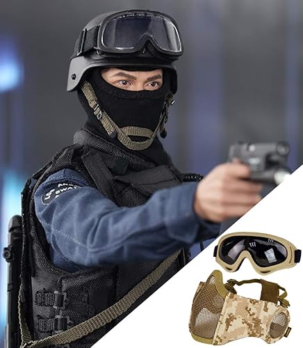 Miniatura 4 de Máscara Airsoft con gafas, máscara plegable de malla Airsoft de media cara con protección de oídos para paintball, tiro, cosplay, juego CS