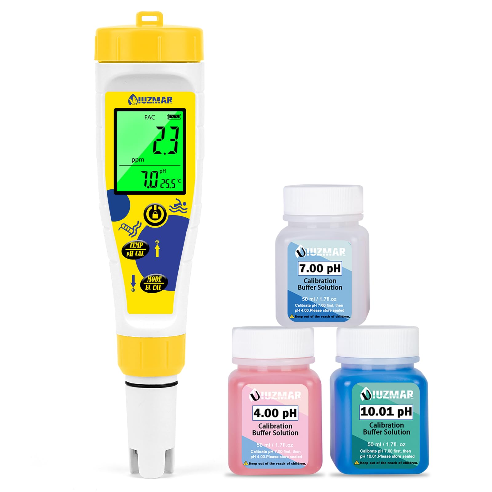 UIUZMAR Misuratore pH e Cloro Sale Piscina, Salinità Piscina Acqua Salata | Visualizzazione Simultanea di pH/Cl/Temp, 7 in 1 pH, EC, TDS, Salinità, Cloro Residuo, ORP e Temp per Acquari Idroponici Spa