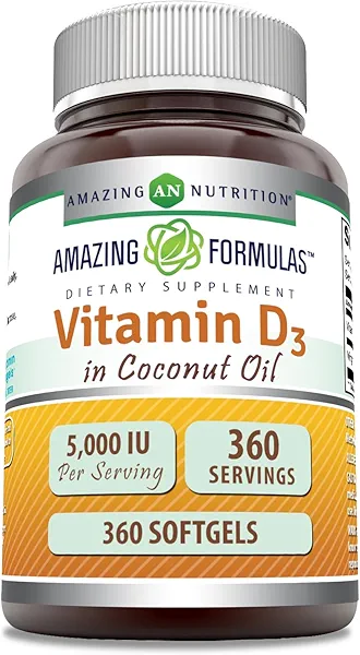 Amazing Formulas Vitamin D3 in Coconut Oil 5000 IU Supplement | Softgels | Non-GMO | Gluten-Free | Made in USA (1 Pack | 360 Count)
