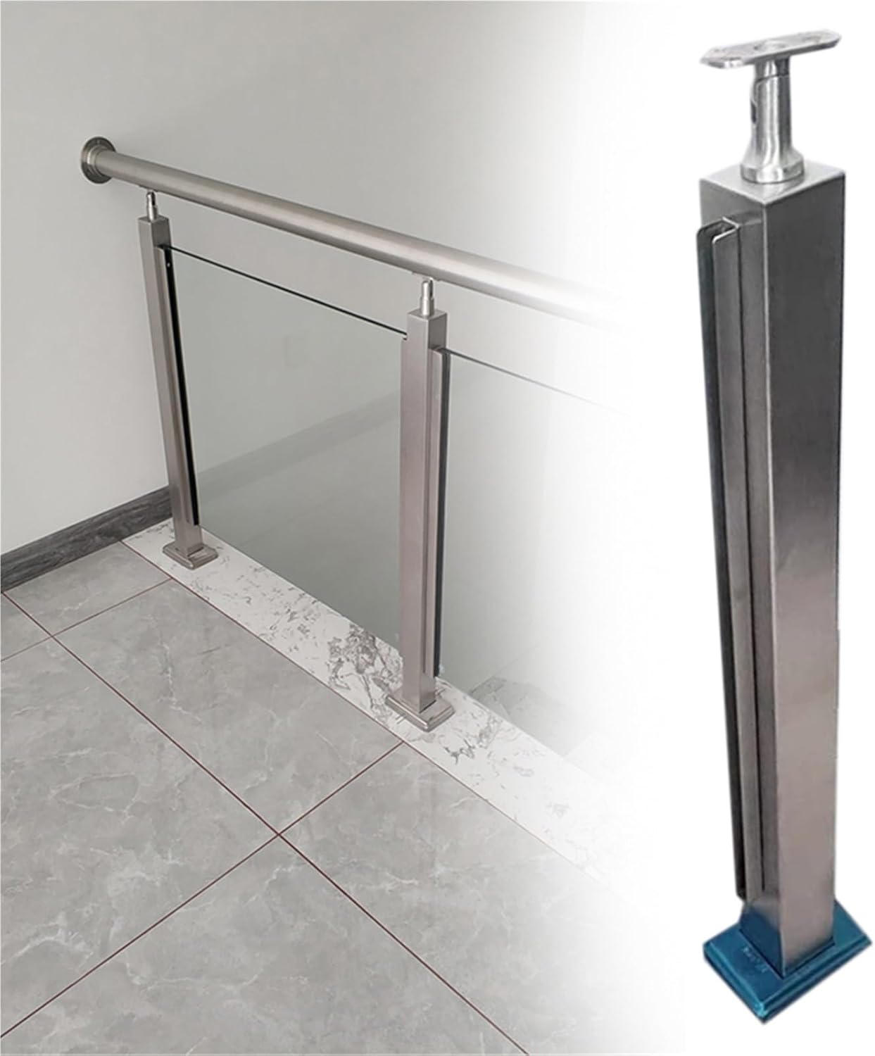 Stainless Steel Stair Railing Balustrade Posts - Square Glass Fence Baluster for Indoor/Outdoor Guardrails, 70cm Height Glass Railing Post System (B-Edge)