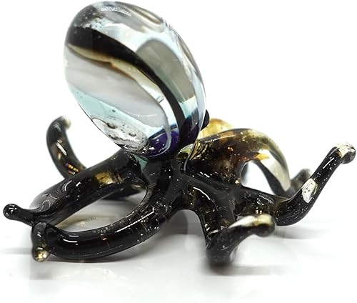 Miniatura 4 de Figuritas pequeñas de pulpo de vidrio soplado a mano, arte de animales coleccionables, regalo para decoración del hogar (negro amarillo) Negro