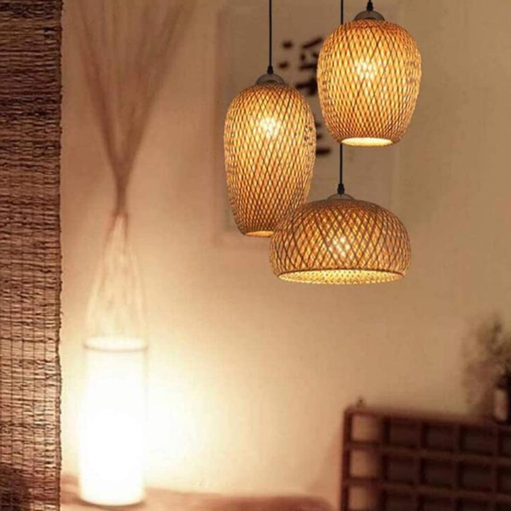 Lampes Suspendues Bambou Lampe Suspendue En Rotin Naturel 3 Lumières Table À Manger Suspension Abat-Jour Rétro E27 Vintage Lustre Réglable En Hauteur Restaurant Maison De Campagne Éclairage