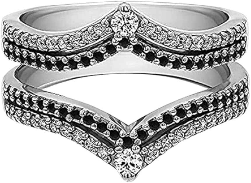 925 Sterling Silver Black and White Created Diamond Ring Enhancer, Chevron V-Shape Solitaire Guard, Modern Nesting Wedding Band Wrap for Women