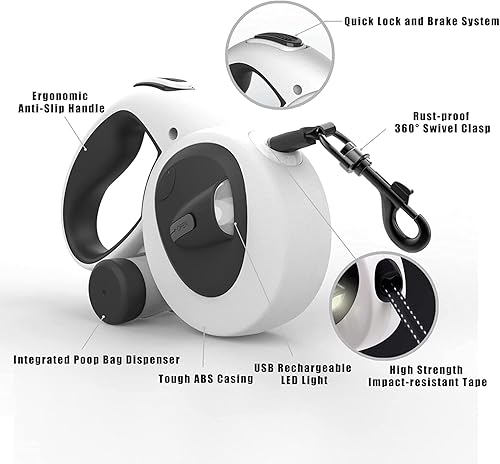Miniatura 2 de HCY&WLD Correa retráctil 4 en 1 mejorada para perro con luz LED, dispensador y bolsas para excrementos, correa resistente de 16 pies para perros con