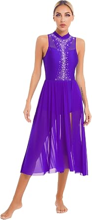 JanJean Women Glitter Rhinestone Lyrical Dance Costume Sleeveless Split High Low Performance Dancewear
