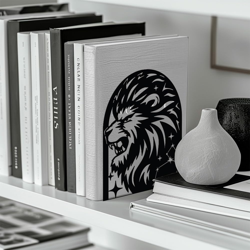Peacoblue Metal Bookend Stopper Holder Stand for Shelves Decorative 5.3"x4.3"x6.3" Modern Creative Heavy Duty Study Book End for Desk Shelf 1 Pair (Leo Constellation) - Image 4