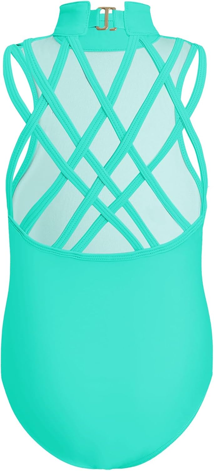 Phineein High Neck Gymnastics Leotard with G-hook Closure Sleeveless Criss-cross Backless Dance Leotard