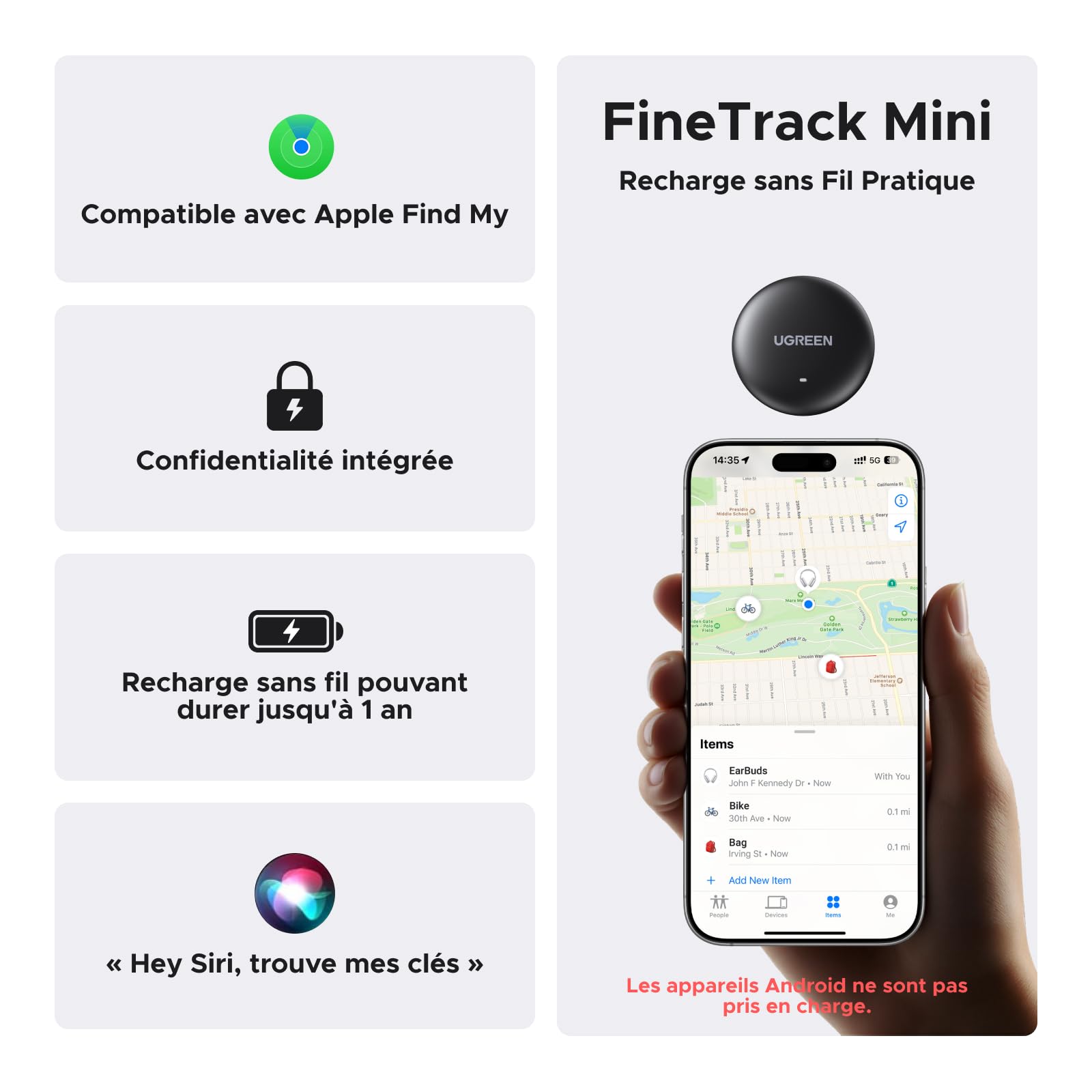 UGREEN FineTrack Mini avec Recharge sans Fil iOS Uniquement | Traceur Bluetooth, Compatible avec Apple Find My, Localisateur pour Clés, Valises