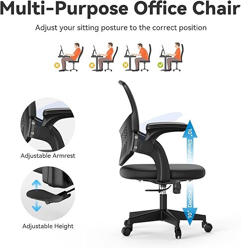 Miniatura 5 de Silla de oficina giratoria ergonómica básica, silla de escritorio negra, silla ejecutiva, respaldo de malla transpirable, altura ajustable, asiento