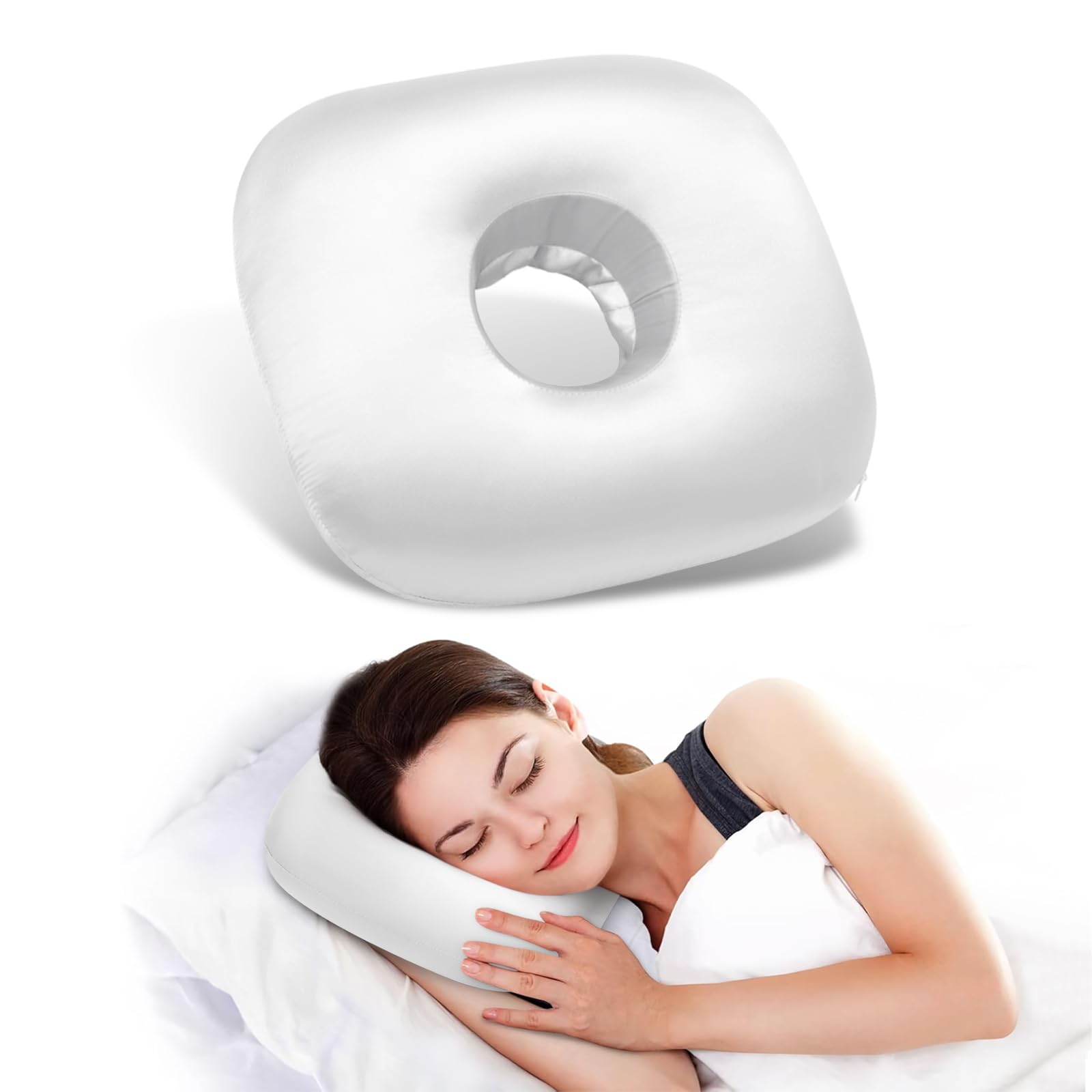 Orthopedic Ear Hole Pillow for Side Sleepers - Relief for Piercing Pain, Ear Inflammation & Pressure Sores - O-Shaped Cotton Sleep Pillow for CNH, Hearing Aids & Sensitive Ears (Light White Silk) — image 1