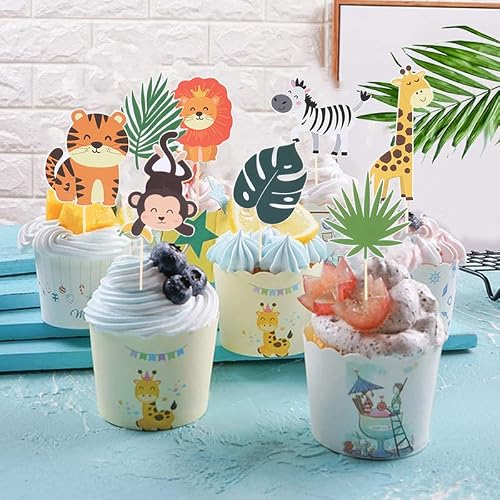 24 Pcs Jungle Party Cake Decoration Safari Birthday Cake Topper Animal Cake Topper Jungle Zoo Party Kindergarten Birthday Cup Cake Decoration #TOP2