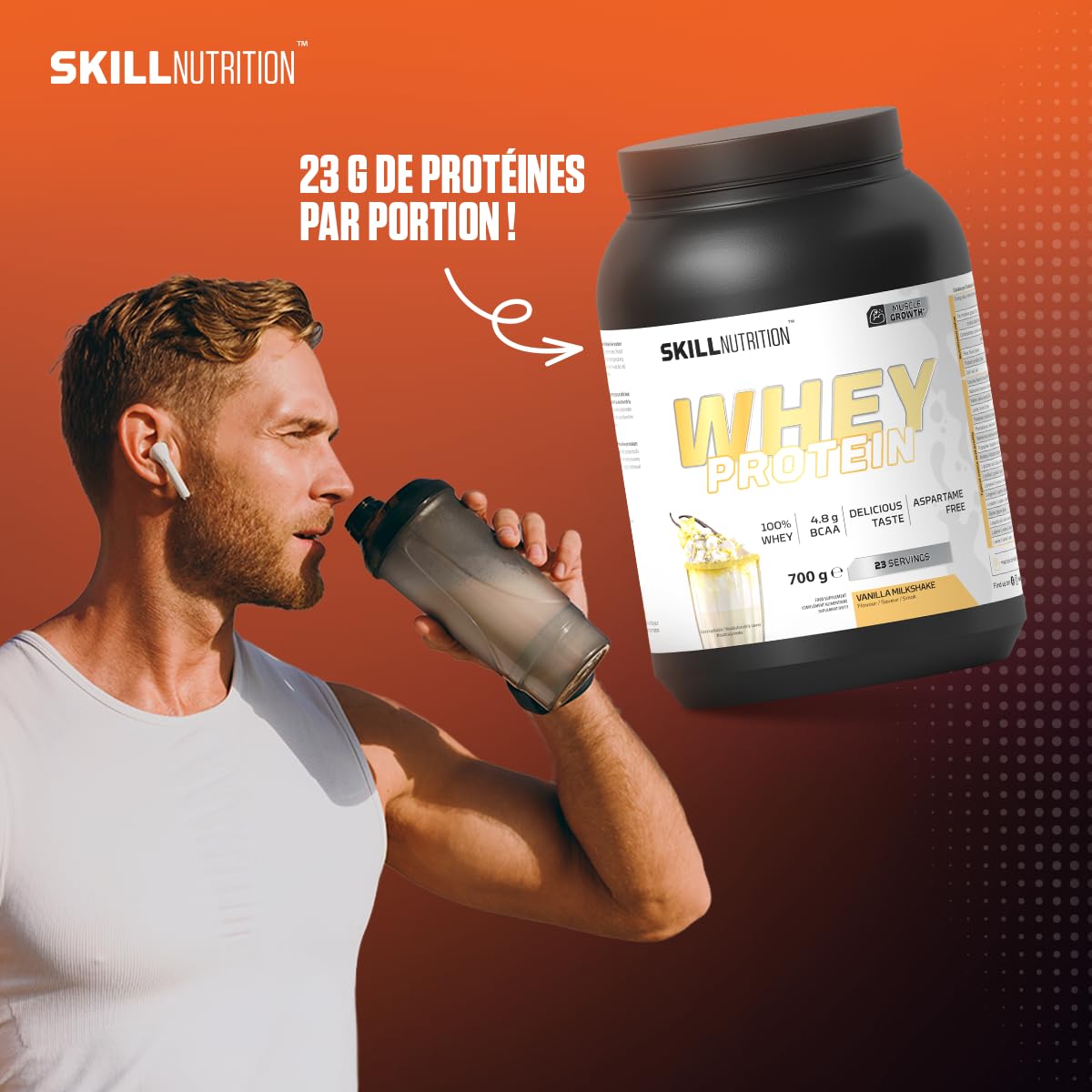 SKILL Nutrition Whey Protein | Protéine de Lactosérum | 23g Protéines par Portion | Haute Solubilité | Soutien Croissance Musculaire & Récupération | 2000g | Saveur Milkshake Fraise
