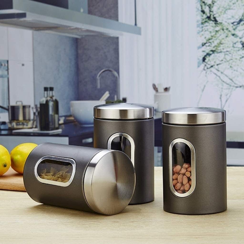 Contenitori Alimentari per Cereali Set Set di 3 contenitori ermetici for la conservazione degli alimenti, barattoli da cucina in acciaio inossidabile con coperchio trasparente, finestre trasparenti fo