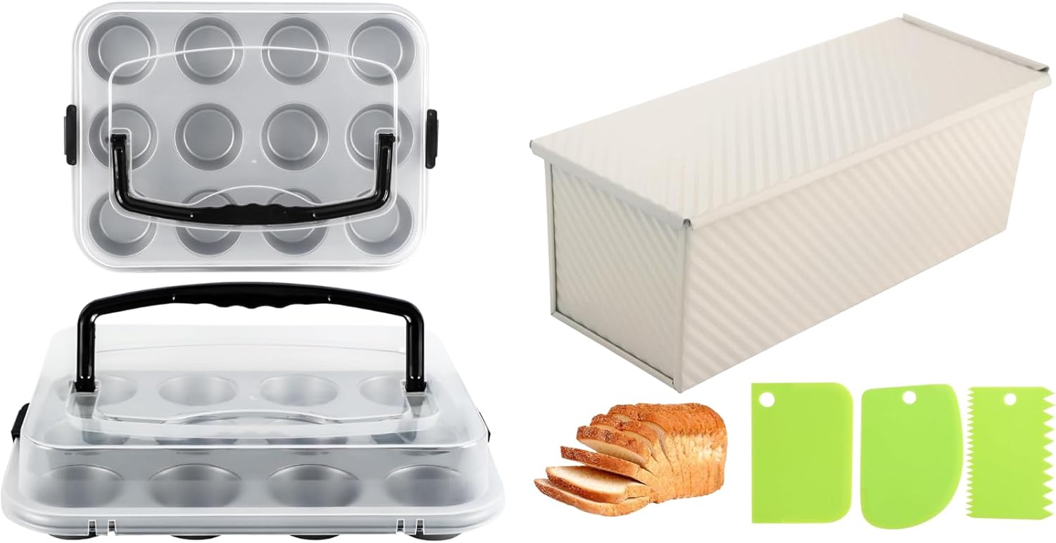 2-Pack Muffin Pan with Carry Lid|Premium Beige 13-inch Pullman Loaf Pan with Lid