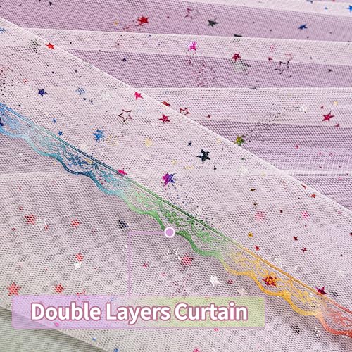 Image of Mix & Match Double Layer Laser-Cut Stars Gradient Blackout Curtains with Foil Print Sheer, 2 Panels Set for Bedroom, Nursery, Living Room - Lavender Green Pink, 34W x 95L