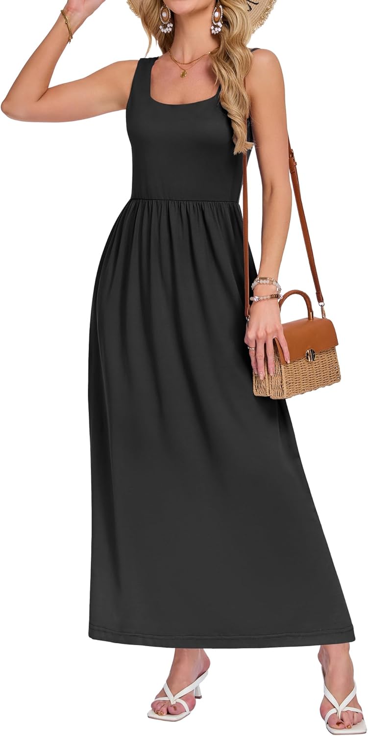 AUSELILY Women's Square Neck Maxi Dress Sleeveless Floral Loose Long Dresses with Pockets - Image 5