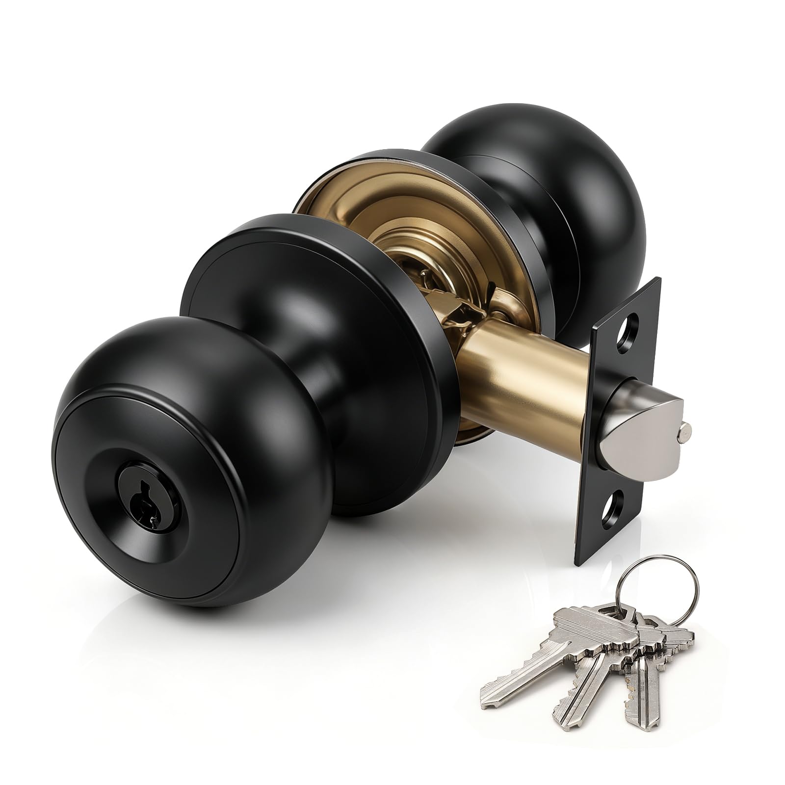 Brotima Round Matte Black Entry Knob Set,Keyed Door Knob for Front Entrance Wooden Doors,Door Lock Set with Adjustable Latch (60mm/70mm)