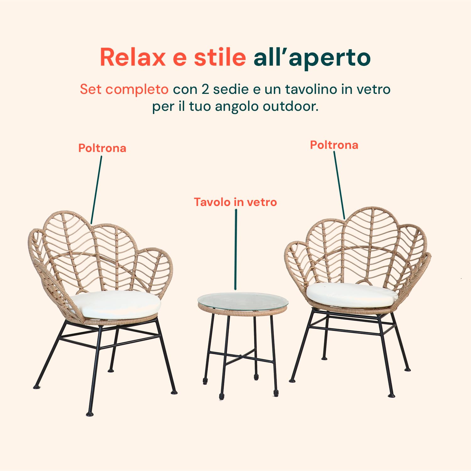 Juego de Mesa y sillas de Exterior de ratán sintético Natural con Estructura de Acero y Mesa con Cristal Templado, Juego de jardín Exterior para balcón, terraza o Patio