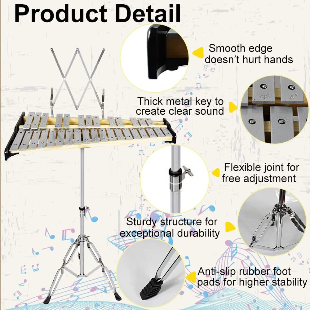 ENNBOM 32 Note Natural Glockenspiel Kit Xylophone with Adjustable Stand Professional Percussion Instrument Set (32 note, Natural) : Musical Instruments