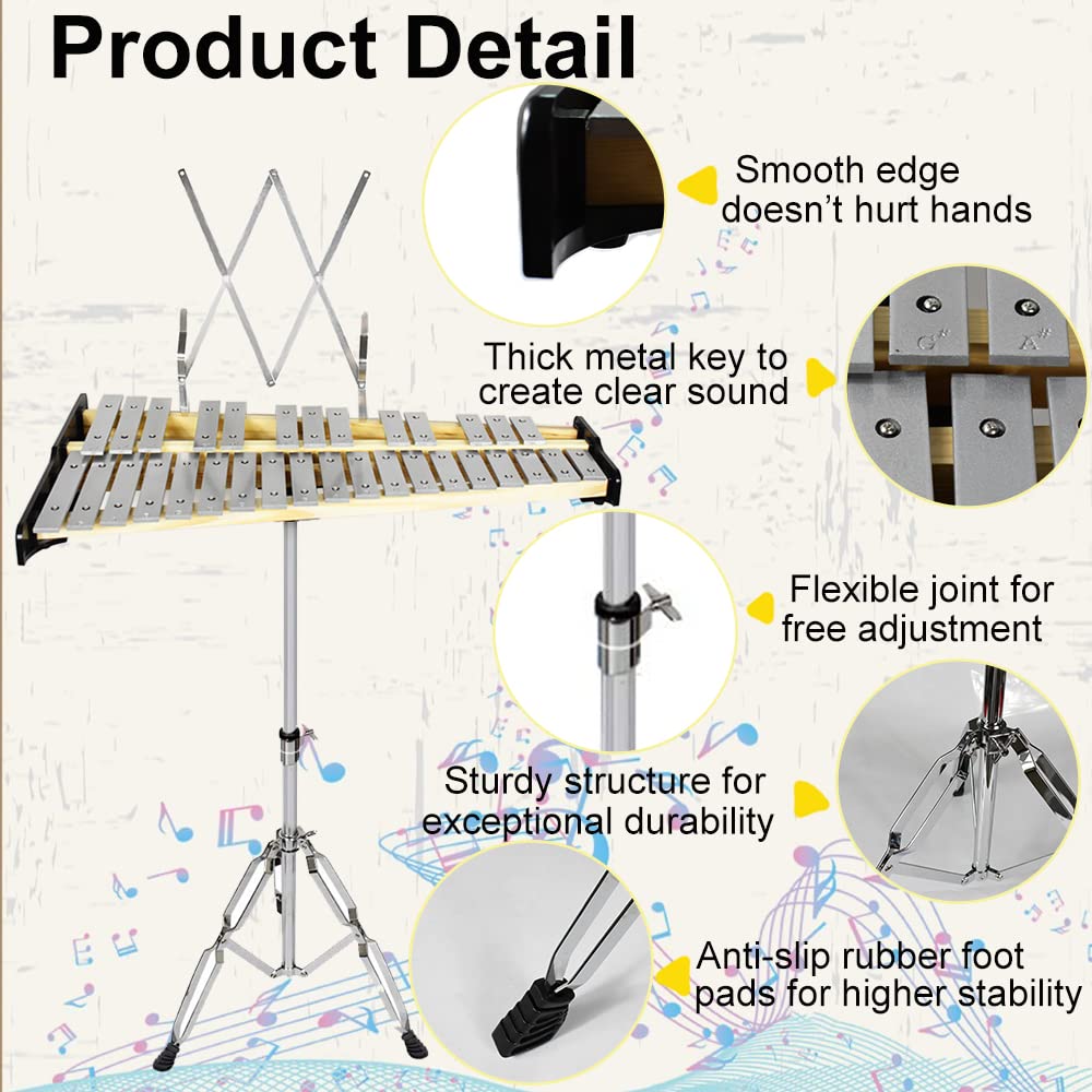 ENNBOM 32 Note Natural Glockenspiel Kit xilófono con soporte ajustable Juego de instrumentos de percusión profesional (32 notas)