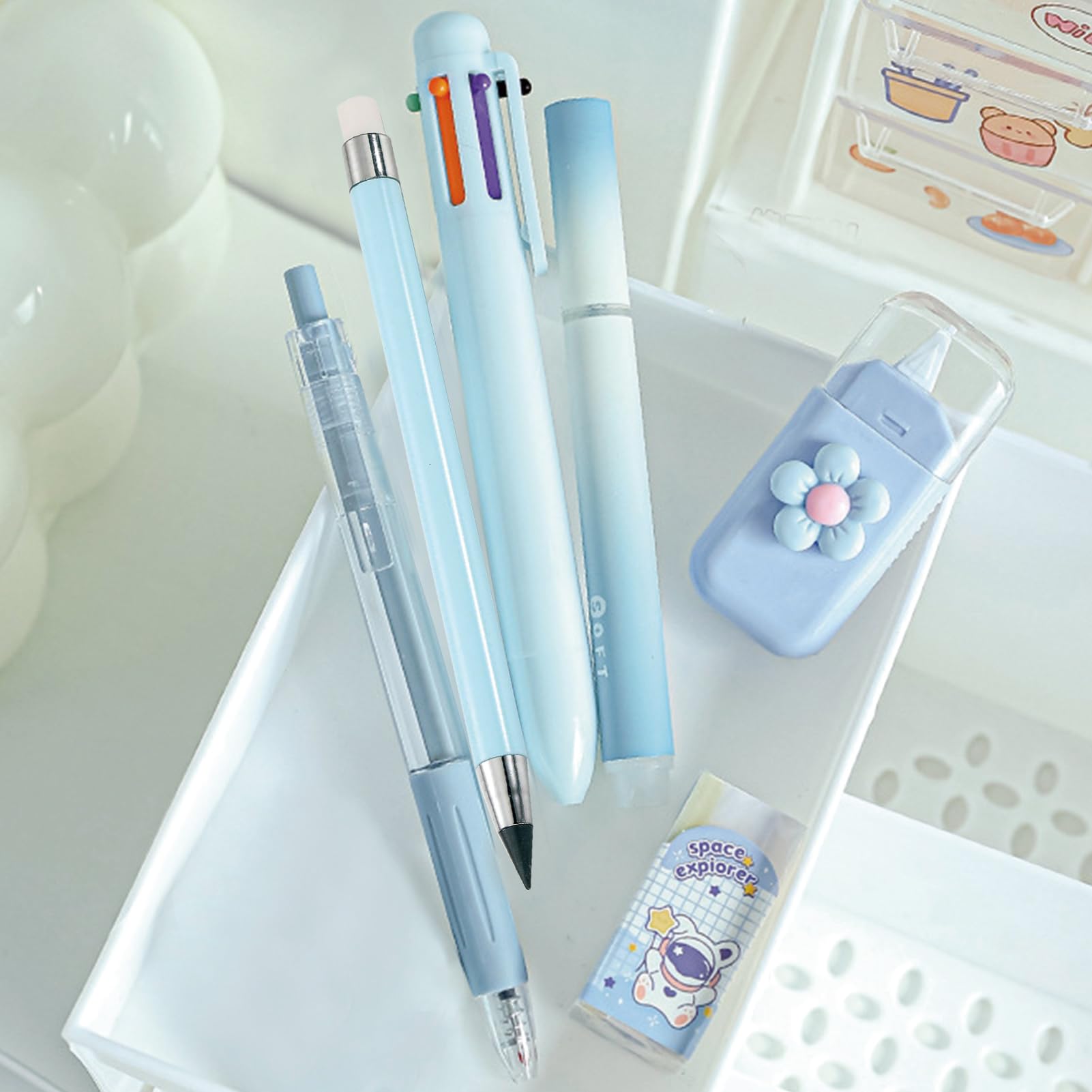 Lot de 6 articles de papeterie bleus mignons pour filles, garçons, enfants, femmes, fournitures de bureau pour la rentrée scolaire, fournitures de bureau avec stylos à encre gel, stylos à bille 6 en 1