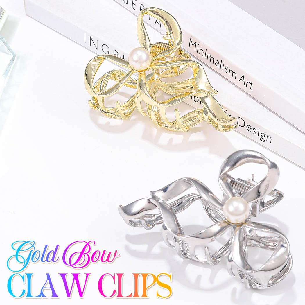 Zoestar Bow Claw Hair Clips Gold Metal Hair Claw Clip Pearl Hair Clip Claws Nonslip Stylish Hair Accessories for Women and Girls (Pack of 2) - Image 2