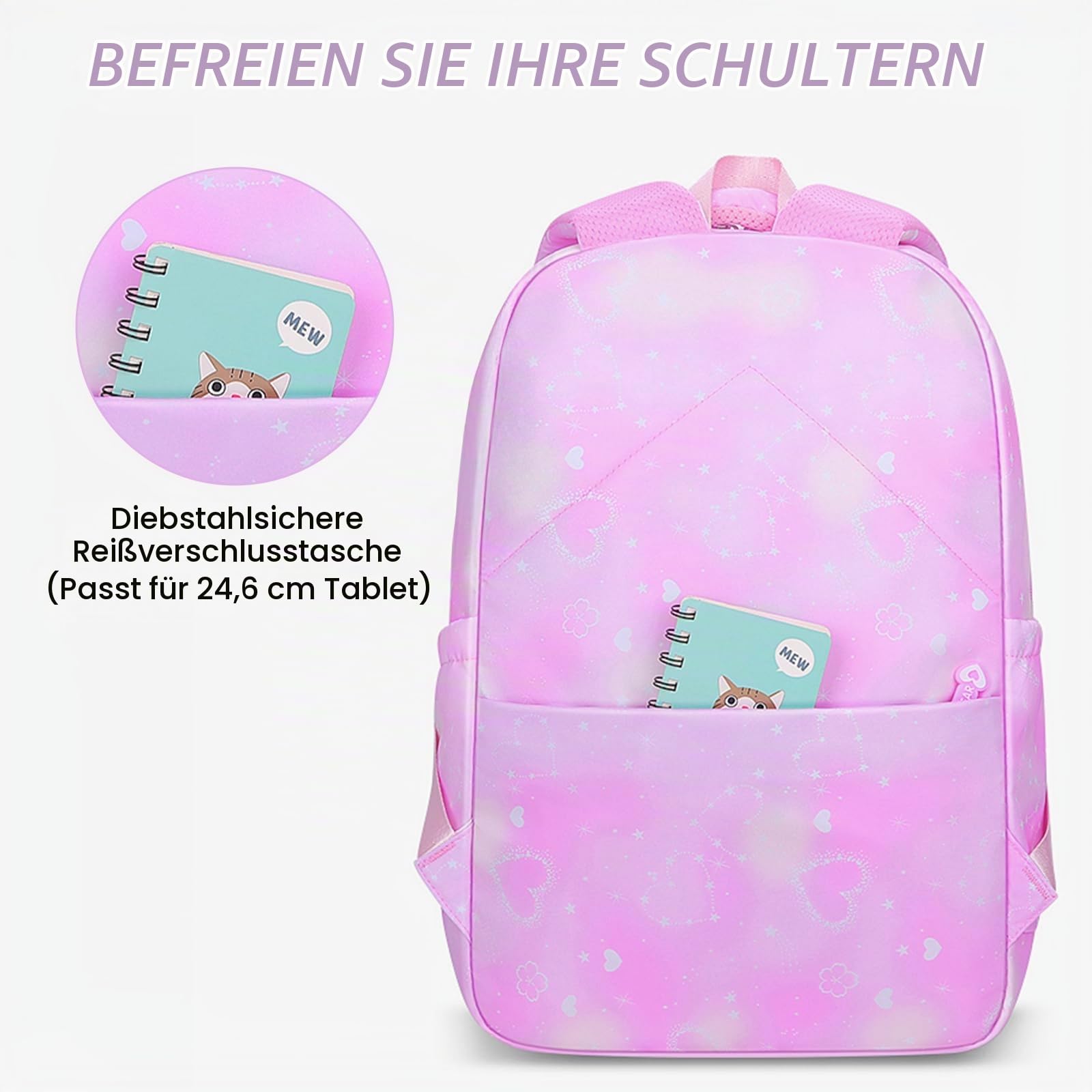 Amythe Set Schulrucksack Mädchen Teenager 3 Teilig fur Schule | Schulranzen mit Lunch Tasche Federmäppchen Gymnasium Oberstufe für Schule Reisen für 15.6" Laptop-Lila