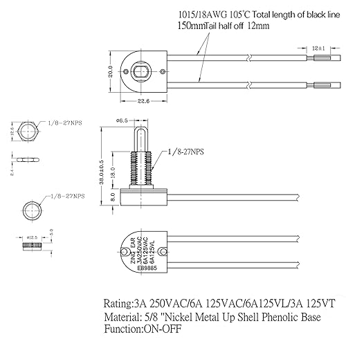 Miniatura 7 de Interruptor de botón Zing Ear ZE-107M ON-Off 58 "Lámpara de luz 3A 250VAC6A 125VAC3A 125VL3A 125VT Prensa de dos etapas Interruptores con cable de