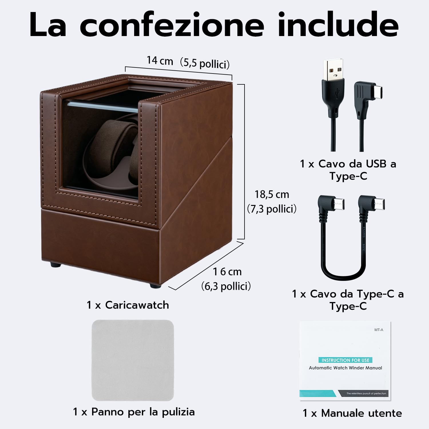 Mcbazel Carica Orologi Automatici in Pelle, Scatola per Due Orologi, Cofanetto per Orologi Automatici con Unità Rotante Silenziosa a Due Mode di Rotazione [Marrone]