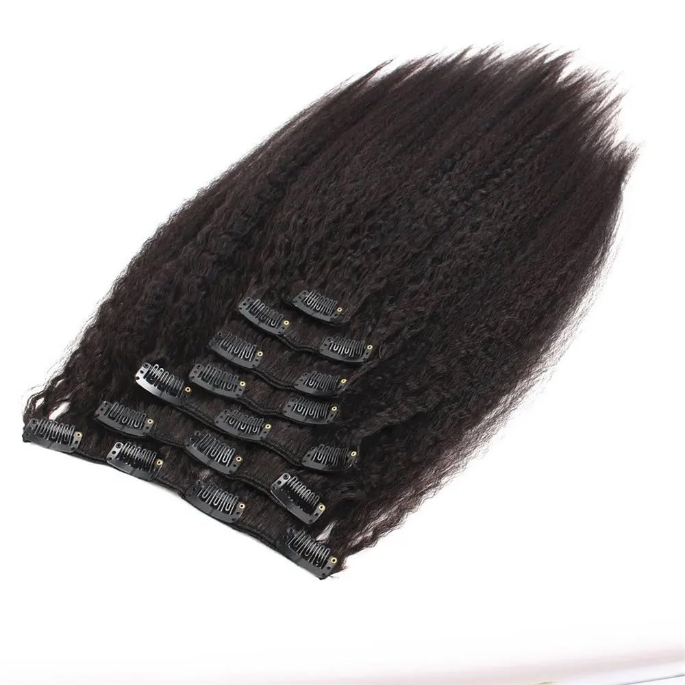 Kinky Straight Clip in Hair Extensions dla kobiet, 8 sztuk, 120 g/zestaw, brazylijskie ludzkie włosy Remy, ludzkie Yaki, naturalny czarny, 40-66 cm (56 cm)