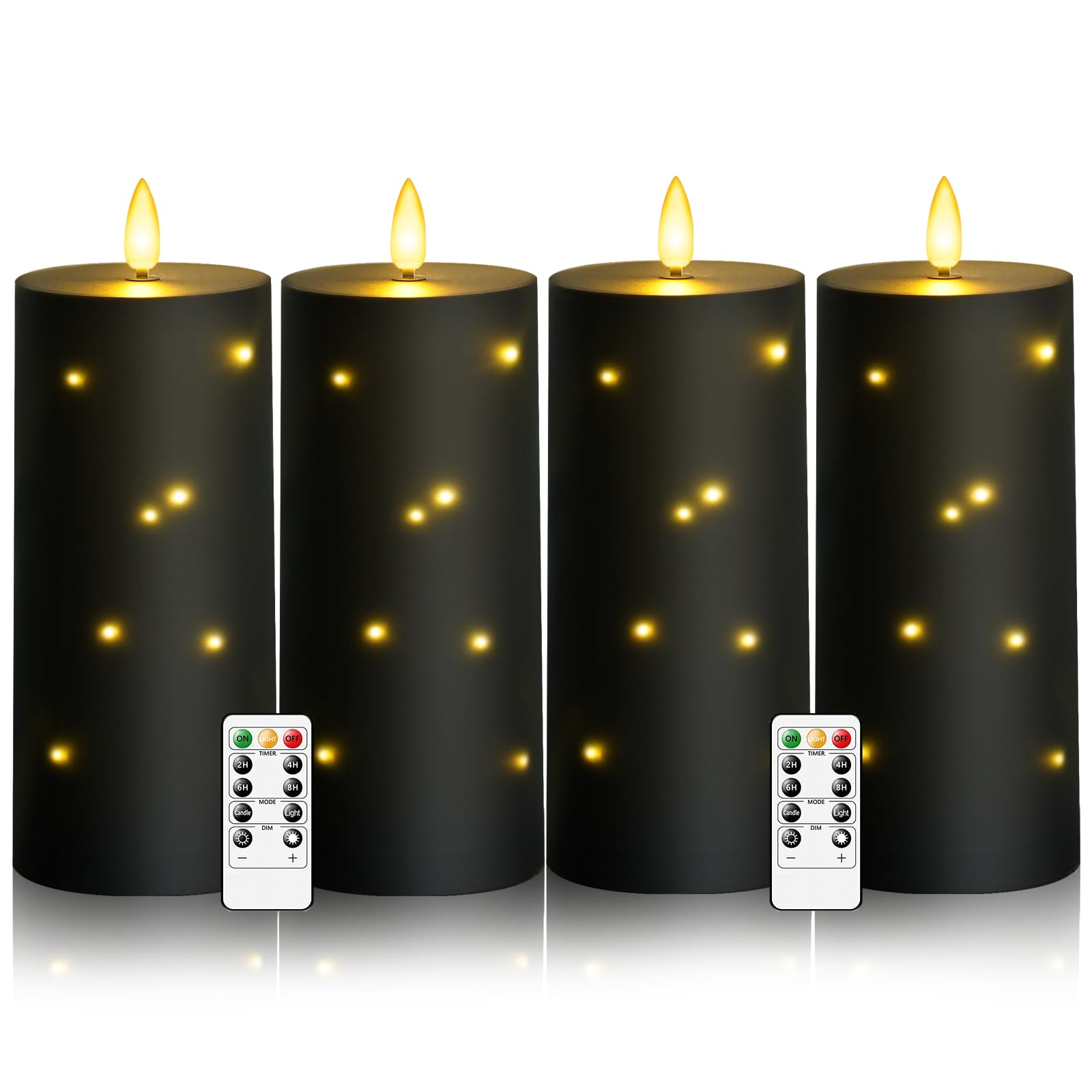 kakoya 10" x 4" Large Outdoor Waterproof Flickering Flameless Candles with Timer,4Pcs Battery Operated LED Pillar Candles with Embedded Star String for Outdoor Lanterns,Porch,Patio Decor(Black)