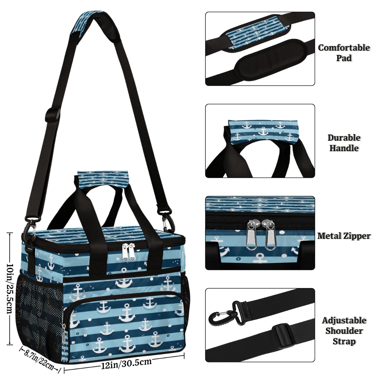 Anchor Insulated Picnic Backpack Lunch Box for Women Men Picnic Basket Tote Lunch Bag Picnic Bag Portable Lunch Bags for Picnic, Beach, Work, Trip,Office, Camp Stripe Marine Anchor
