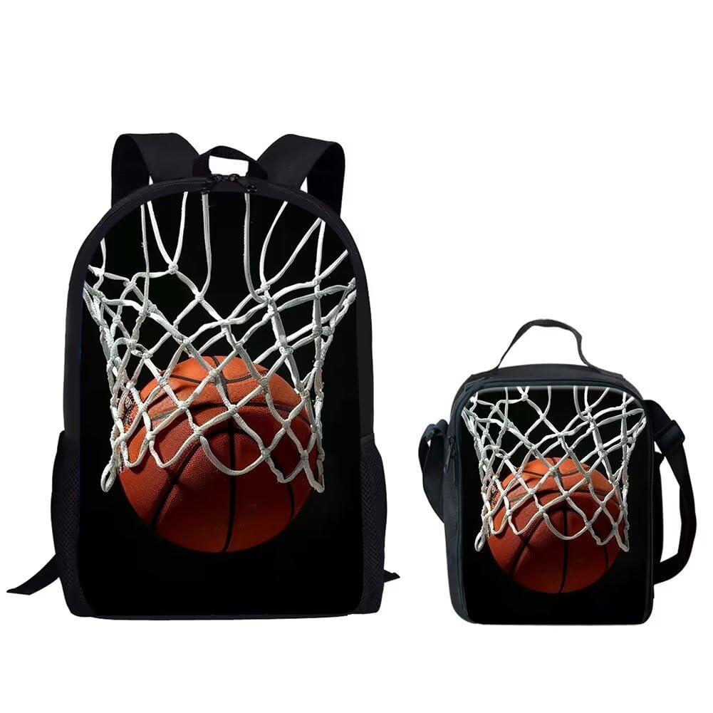 HUGS IDEA Boys Backpack Set Basketball Going Through the Net School Bags 2 Piece Laptop Schoolbag and Cooler Warm Lunch Tote Box