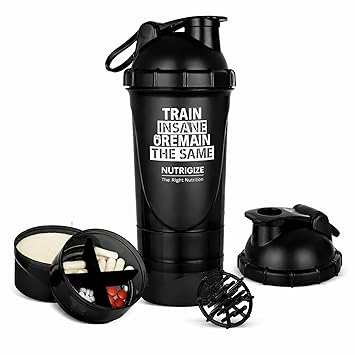 Protein Shaker with Storage 500ml | Leak Proof Gym Shaker Bottle, BPA Free, Carry Loop (Black)