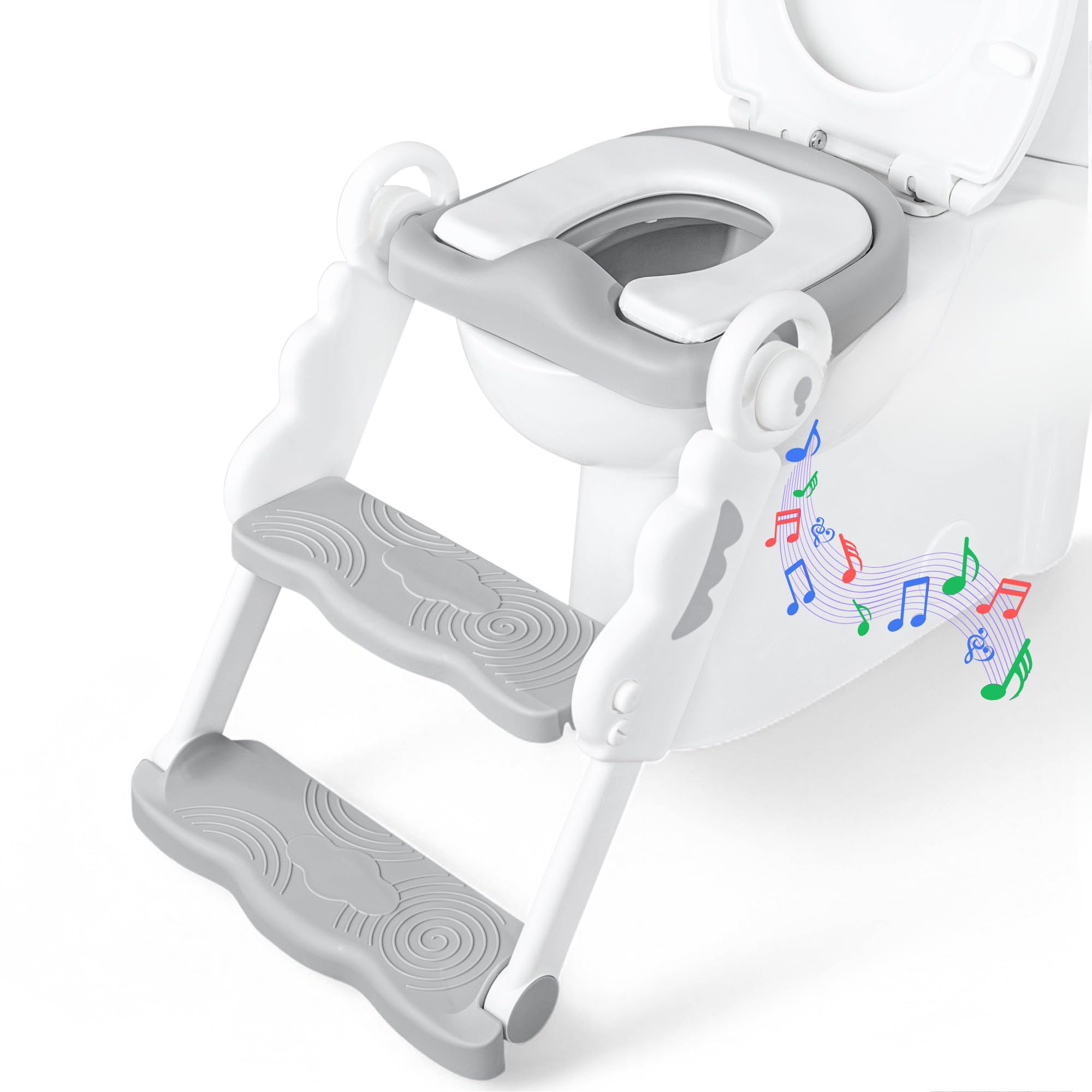 Musical Sound Toddler Potty Training Seat w Step Stool Ladder - Collapsible Adjustable Toilet Pre Assembled Toddler Toilet