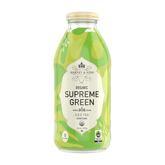 Harney & Sons Organic Supreme Green Unsweetened Iced Tea, Glass Bottles, 16oz bottles (Pack of 12)