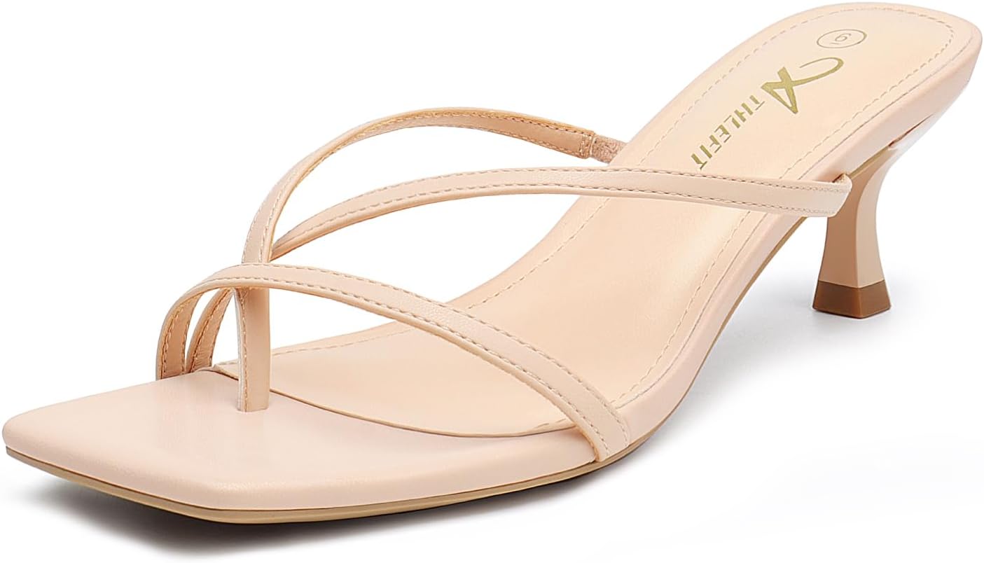 Stylish kitten heel flip flops with open square toe.