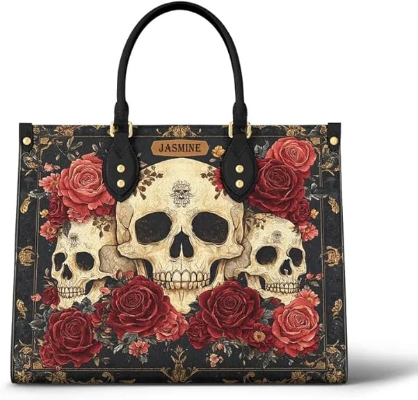 Roses & Sugar Skull Handbags For Women, Aesthetic Skulls Halloween Gothic Purses Tote Bag with Zipper, Chic Ladies Shoulder Satchel Bag with Top Handle/Strap, Gift for Skull Lover Her Girls (Skull)